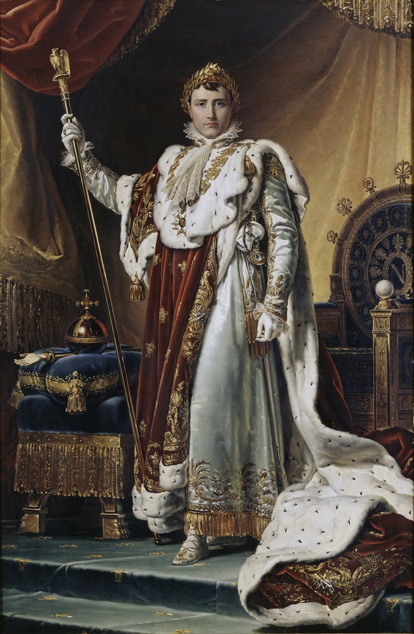 Portrett av keiser Napoléon I Bonaparte 1769-1821 i hans kroningskåper, ca 1804 av Francois Pascal Simon Gerard