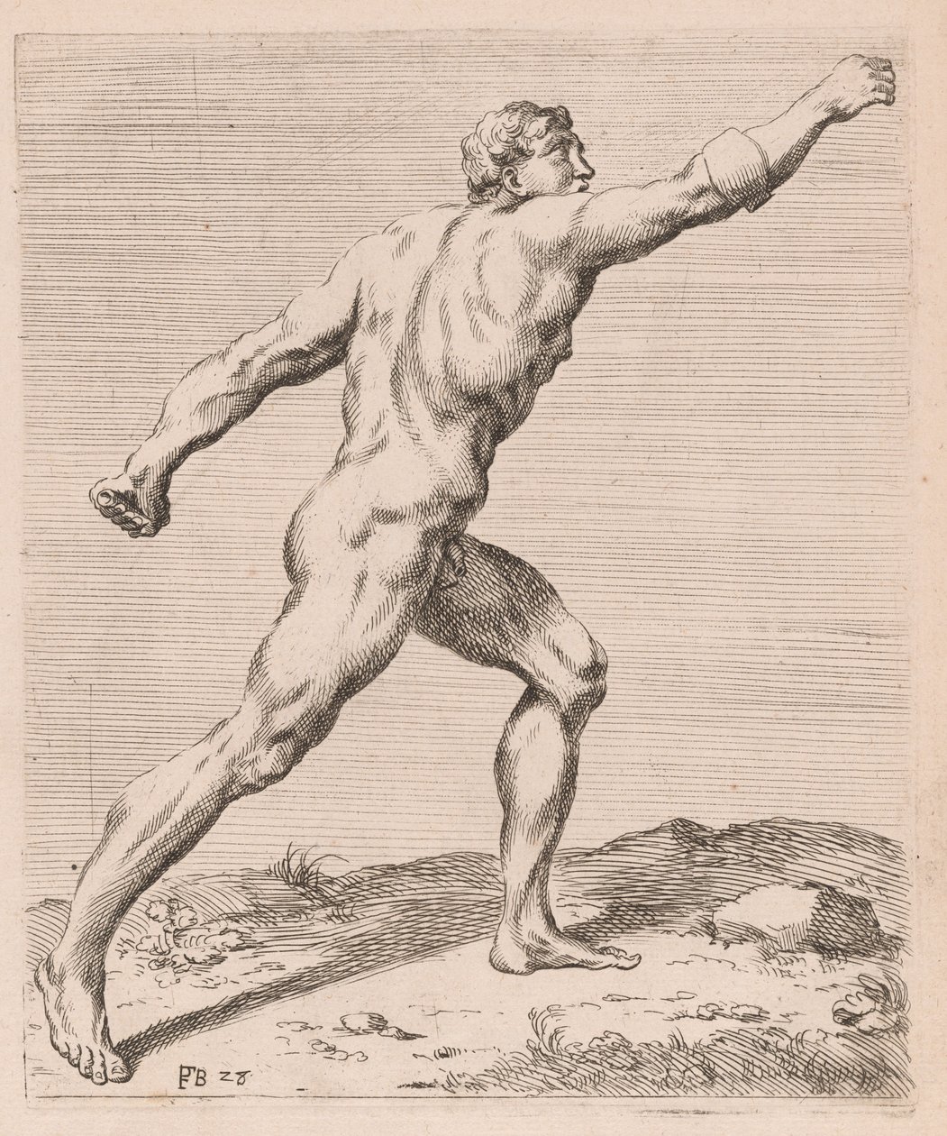 Borghese Gladiator, sett fra siden, vendt mot høyre [plate 28] av Francois Perrier
