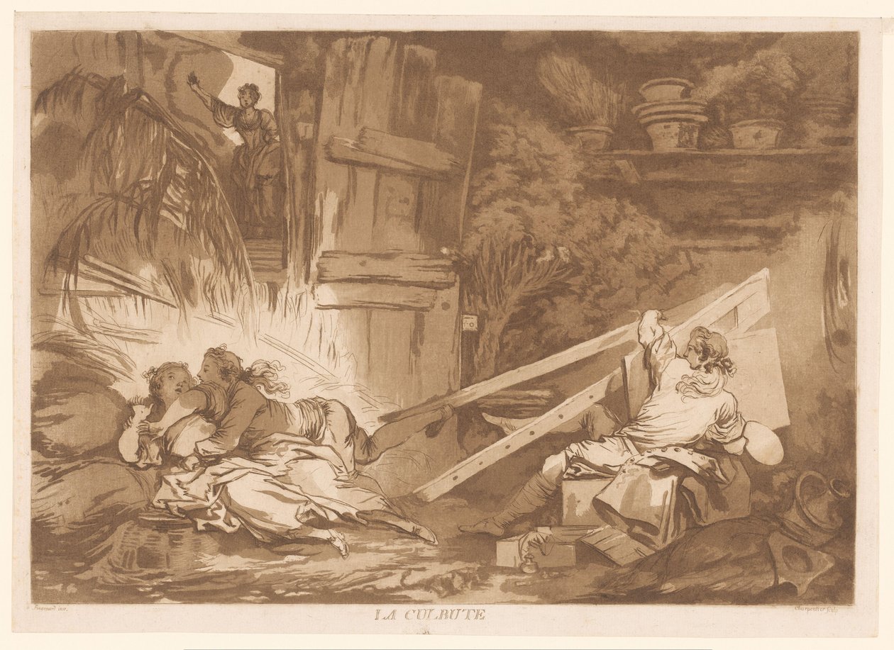 Ung snublende mann faller på en kvinne som blir malt La Culbute (tittel på objekt) av Francois Philippe Charpentier