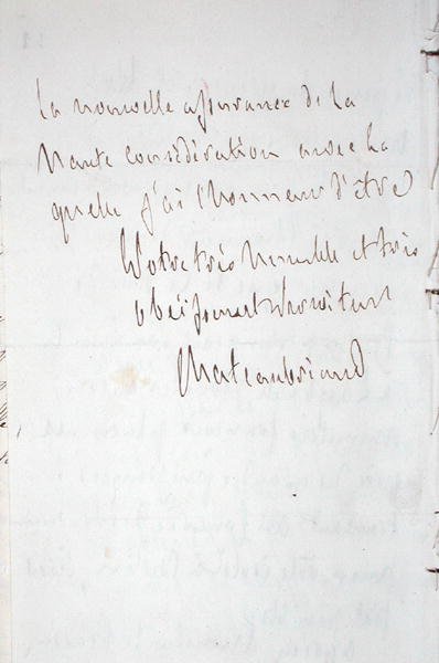 Brev med skribentens signatur, skrevet i Frankfurt på vei til Chateaubriand ny post som ministerfullmektig i Berlin, 7. januar 1821 (penn og blekk på papir) av Francois Rene Vicomte de Chateaubriand