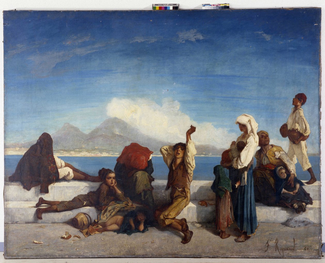 Lazzaroni, karakterer fra det napolitanske folket. Utsikt over Napolibukten (olje på lerret) av Francois Reynaud