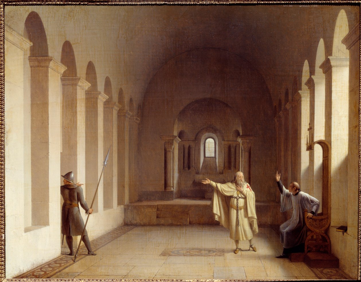 Jacques de Molay (Molai) (1243-1314), den store tempelherren Jacques de Molay stoppet siden 1307, blir arrestert i det kongelige palasset i Chinon hvor han blir forhørt av pavelige og kongelige representanter. Maleri av Francois Richard Fleury (1777-1852)  av Francois Richard Fleury