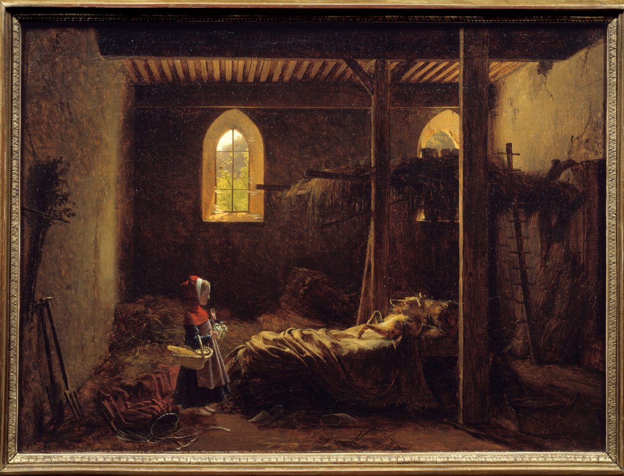 Rødhette Illustrasjon av Charles Perraults fortelling, Rødhette foran ulven forkledning som bestemor. Maleri av Francois Richard Fleury (1777-1852) 1800-tallets søn. 0,35x0,47 m . av Francois Richard Fleury