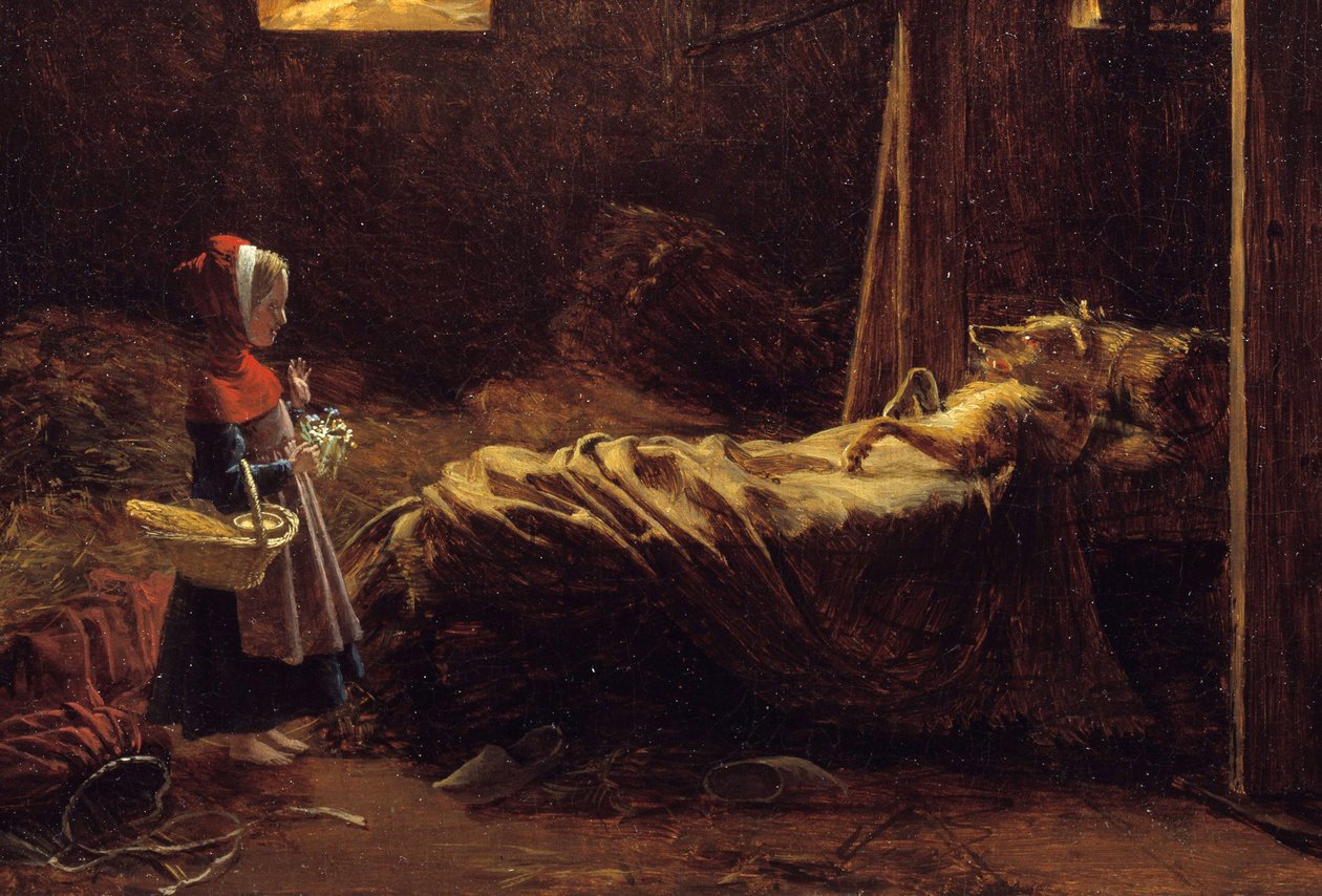 Rødhette, detalj. Illustrasjon av historien om Charles Perrault, den lille rødhetten foran ulven forkledning som bestemor. Maleri av Francois Richard Fleury (1777-1852) 1800-tallets søn. 0,35x0,47 m . av Francois Richard Fleury