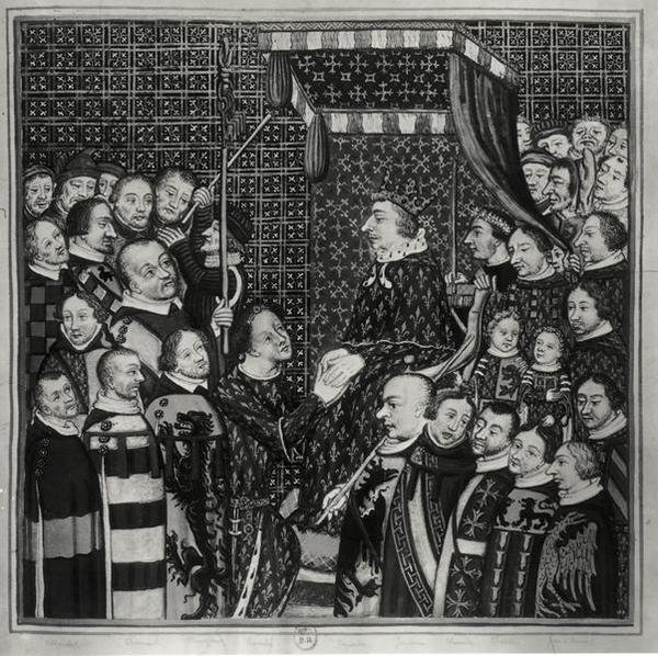 Louis II (1337-1410) greve av Clement, hyller Charles V (1338-80) kopi av en miniatyr fra 1300-tallet (akvarell på papir) (s/hvitt foto) av Francois Roger de Gaignieres