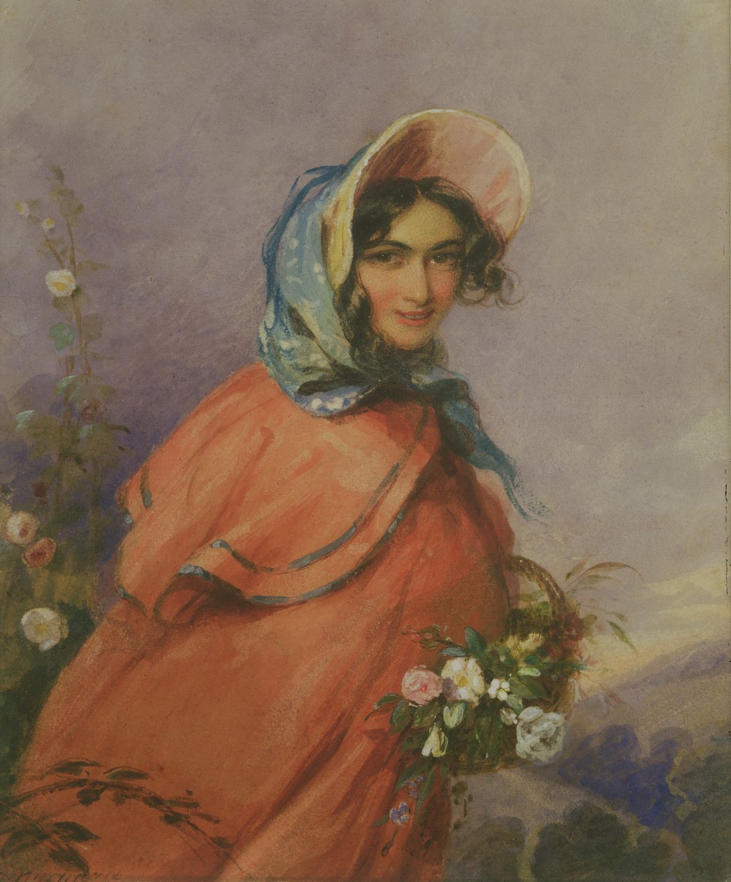 Portrett av en dame i åpent landskap (wc på papir) av Francois Theodore Rochard