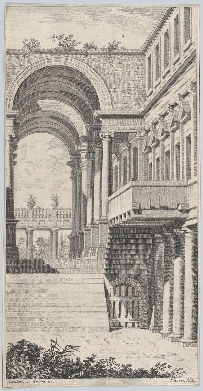 Arkitektonisk utsikt med en bue, 1740. av Francois Vivares