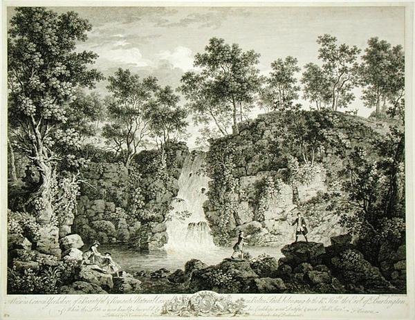 Utsikt over en kaskade ved Bolton Park, Craven, Yorkshire, publisert 1753 (gravering) av Francois Vivarez