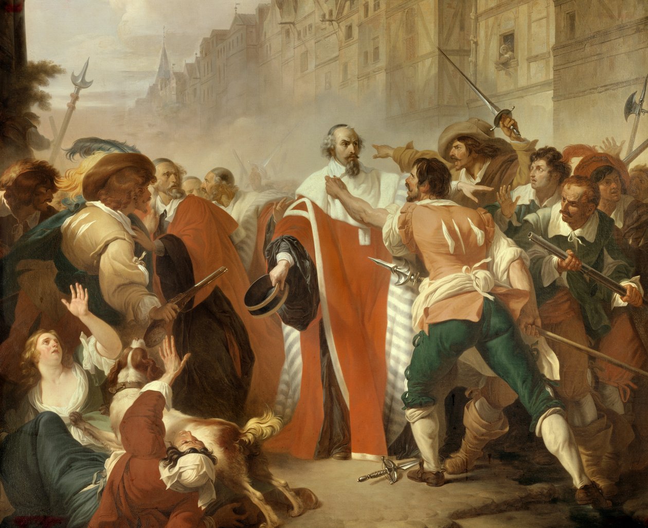 The Guard of Seals Mathieu Mole (1584-1656) motstandsdyktig mot factious under dagen for barrikadene under Fronde den 27. august 1648 Den sinte folkemengden krever løslatelse av Pierre Broussel arrestert på grunn av hans motstand mot de nye skattene foresl av Francois Xavier Dupre