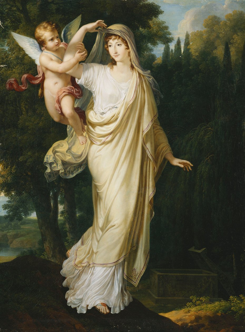 Posthumt portrett av markisen Fanny Grimaldi, født Baronne von Burkenwald, prinsesse av Santa Cruce, Marquise de Monaco et de Genes i ferd med å bli med sin første ektemann, markisen Giovanni Battista Grimaldi ved hans grav, 1804 av Francois Xavier Fabre