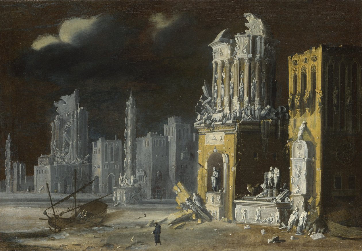 Fantastiske ruiner med Saint Augustine and the Child, 1623 av Francois de Nome