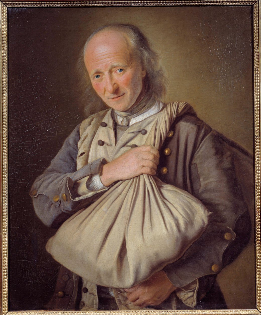 L'homme à la sacace Maleri av Francoise Duparc (1726-1778) 1700-talls søn. 0,78x0,64 m Marseille, Museum of Fine Arts - Mann med tiggerpose. Maleri av Francoise Duparc (1726-1778) av Francoise Duparc