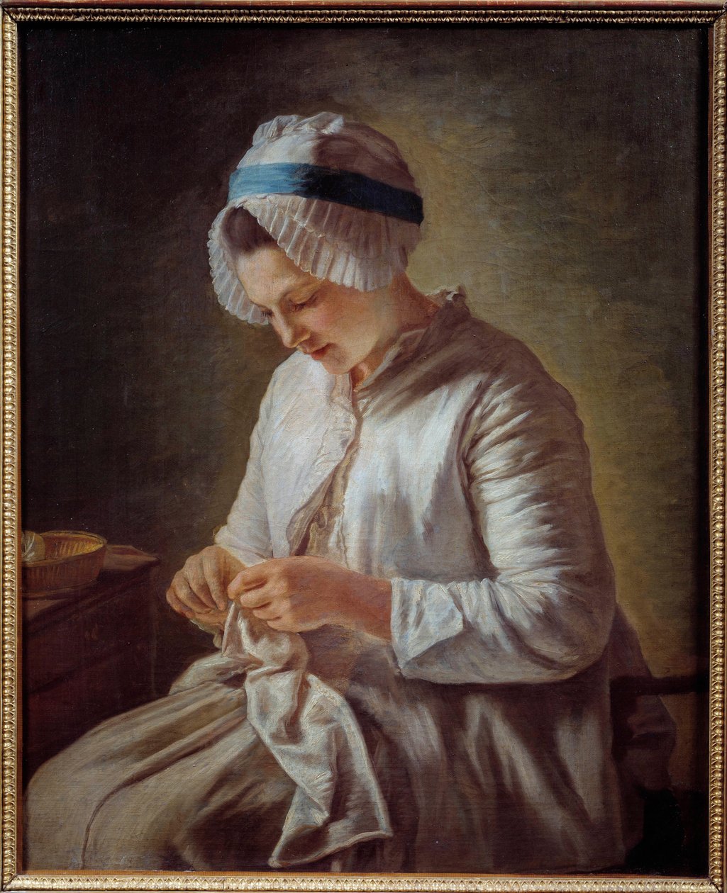 Portrait de woman har boken Ung kvinne strikker. Maleri av Francoise Duparc (1726-1778) 1700-tallets søn. 0,78x0,64 m Marseille, musee des Beaux Arts - Portrett av en kvinne som strikker. Maleri av Francoise Duparc (1726-1778) av Francoise Duparc