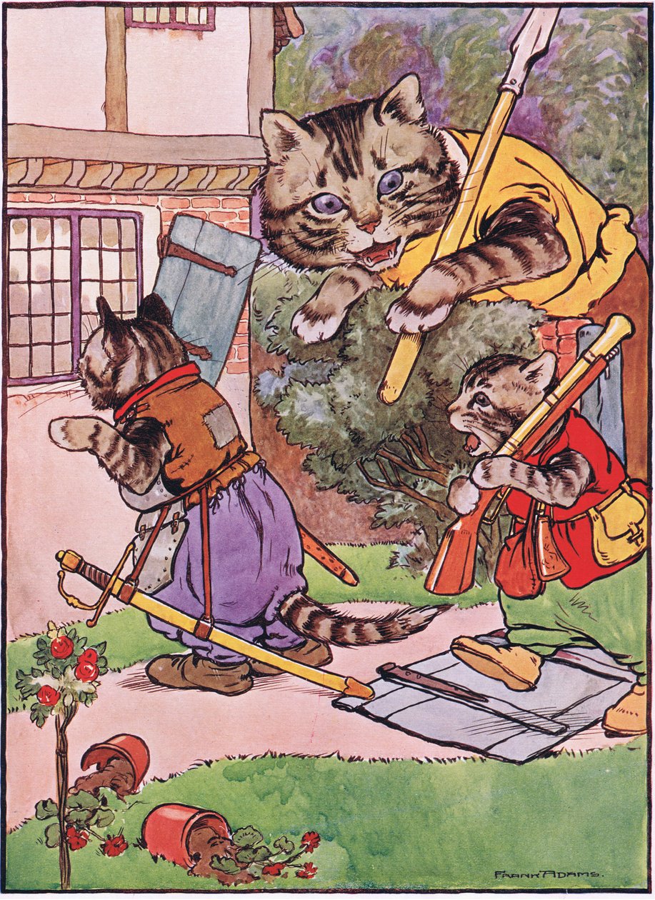 En katt med kattungene sine kryper opp til huset, illustrasjon fra 