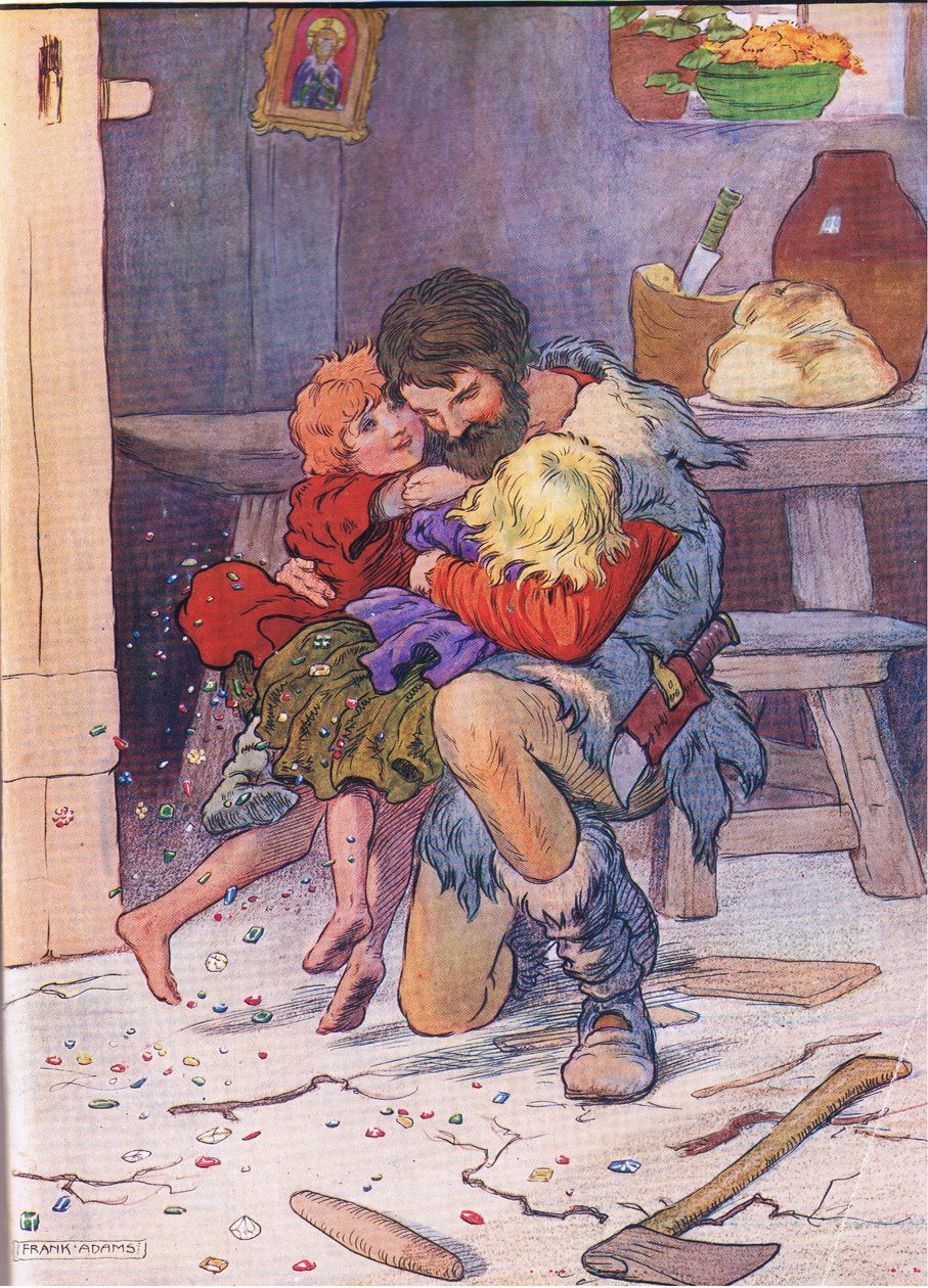 Da de åpnet døren, kastet de seg i farens armer, fra Hansel and Gretel utgitt av Blackie & Son Limited, ca. 1940 av Frank Adams
