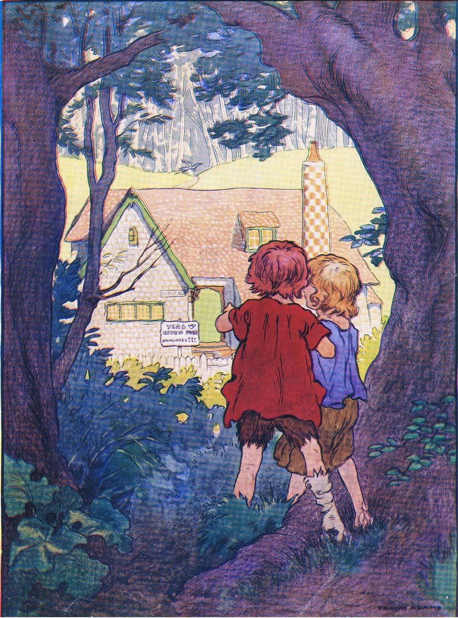 Midt i skogen sto et fantastisk hvitt hus, fra Hansel and Gretel utgitt av Blackie & Son Limited, ca. 1940 av Frank Adams