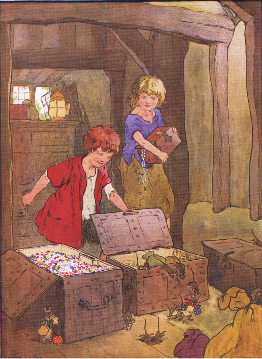 Da de åpnet kistene, fant de dem fulle av fantastiske edelstener, juveler og diamanter, fra Hansel and Gretel utgitt av Blackie & Son Limited, ca. 1940 av Frank Adams