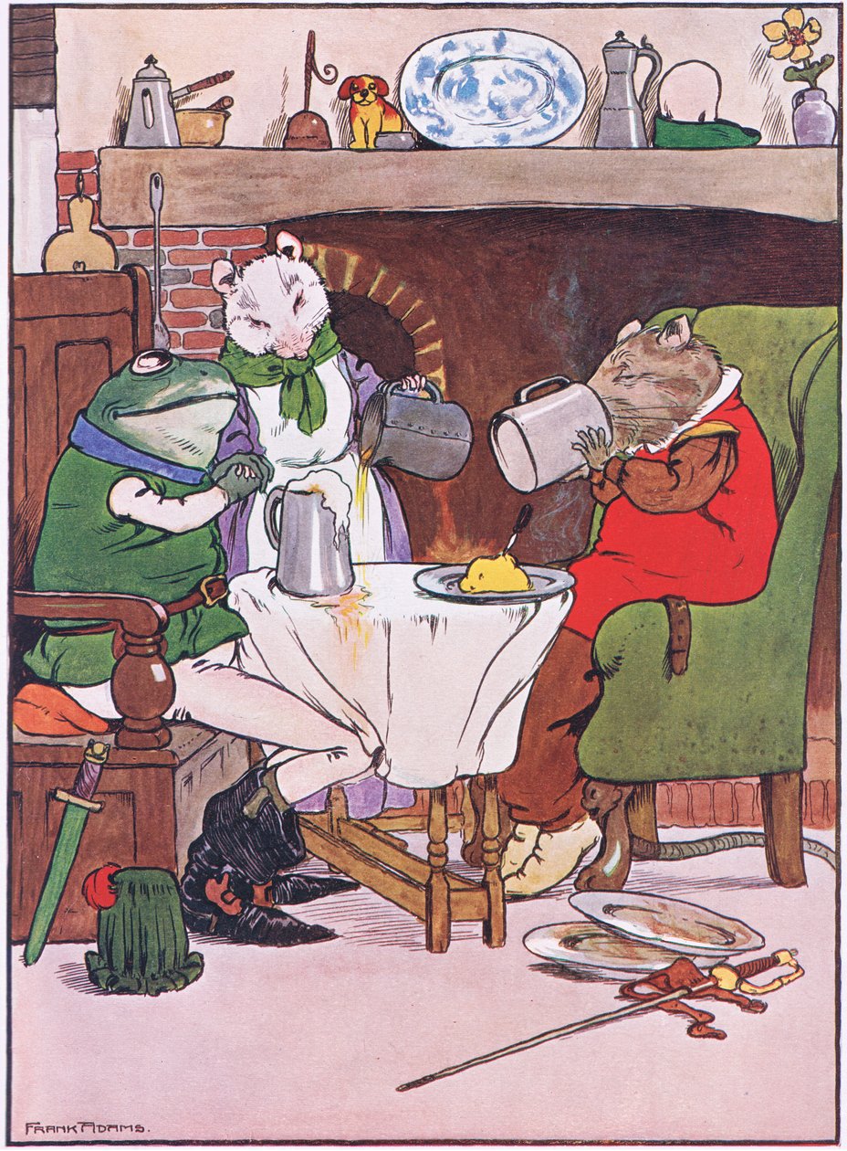 Be Mistress Mouse vil du gi oss litt øl, illustrasjon fra 'The Frog would a Wooing Go', av Charles H. Bennett, 1916 av Frank Adams