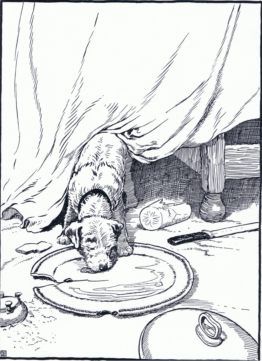 Hun dro til fiskehandlerne for å kjøpe fisk til ham, men da hun kom tilbake slikket han retten, 1930-tallet av Frank Adams