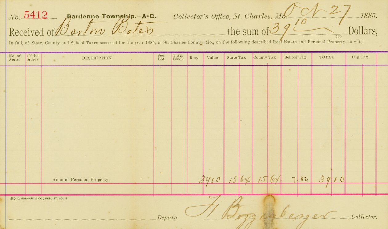 Skatter beregnet for året 1885 i St. Charles County av Frank Bizzenberger