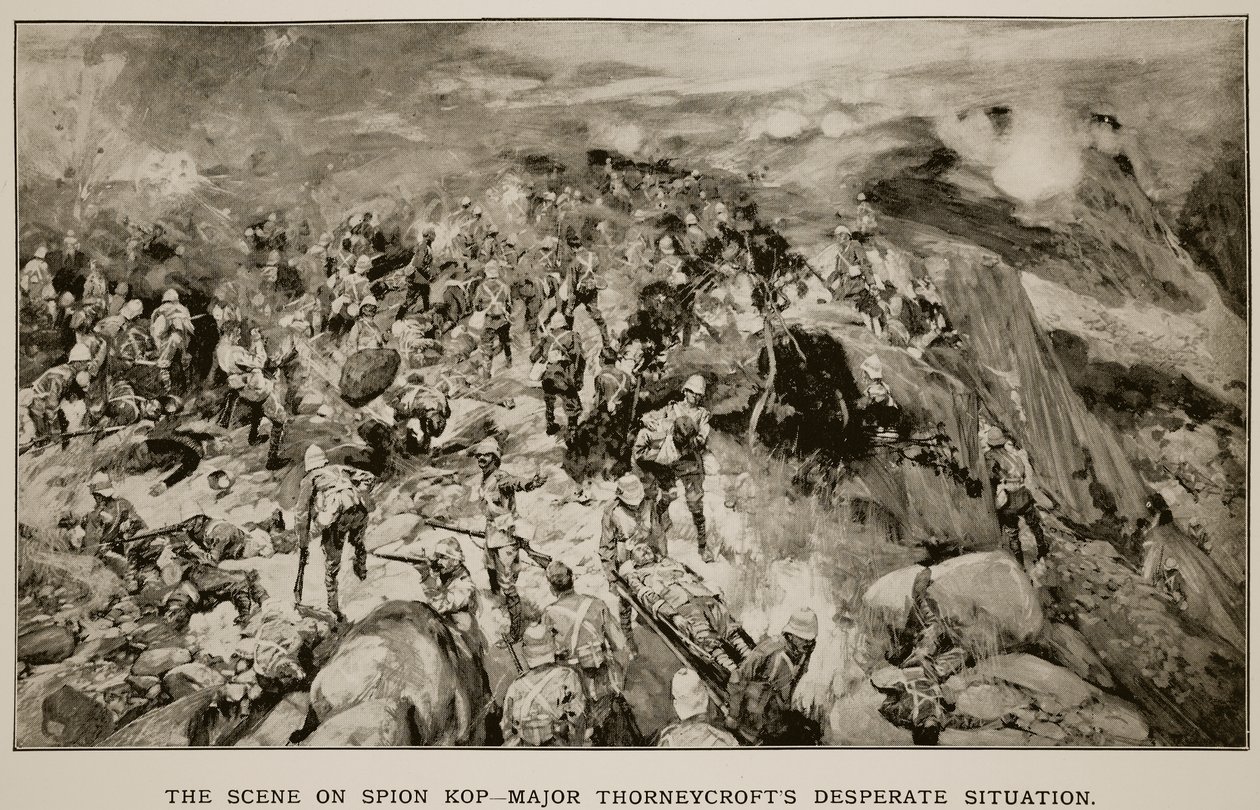 Scenen på Spion Kop: Major Thorneycrofts Desperate Situation, fra en skisse av en britisk offiser av Frank Craig