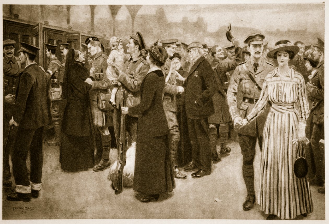 Avskjedsøyeblikket: En rørende scene på Victoria Station under krigstid, 1915 av Frank Dadd