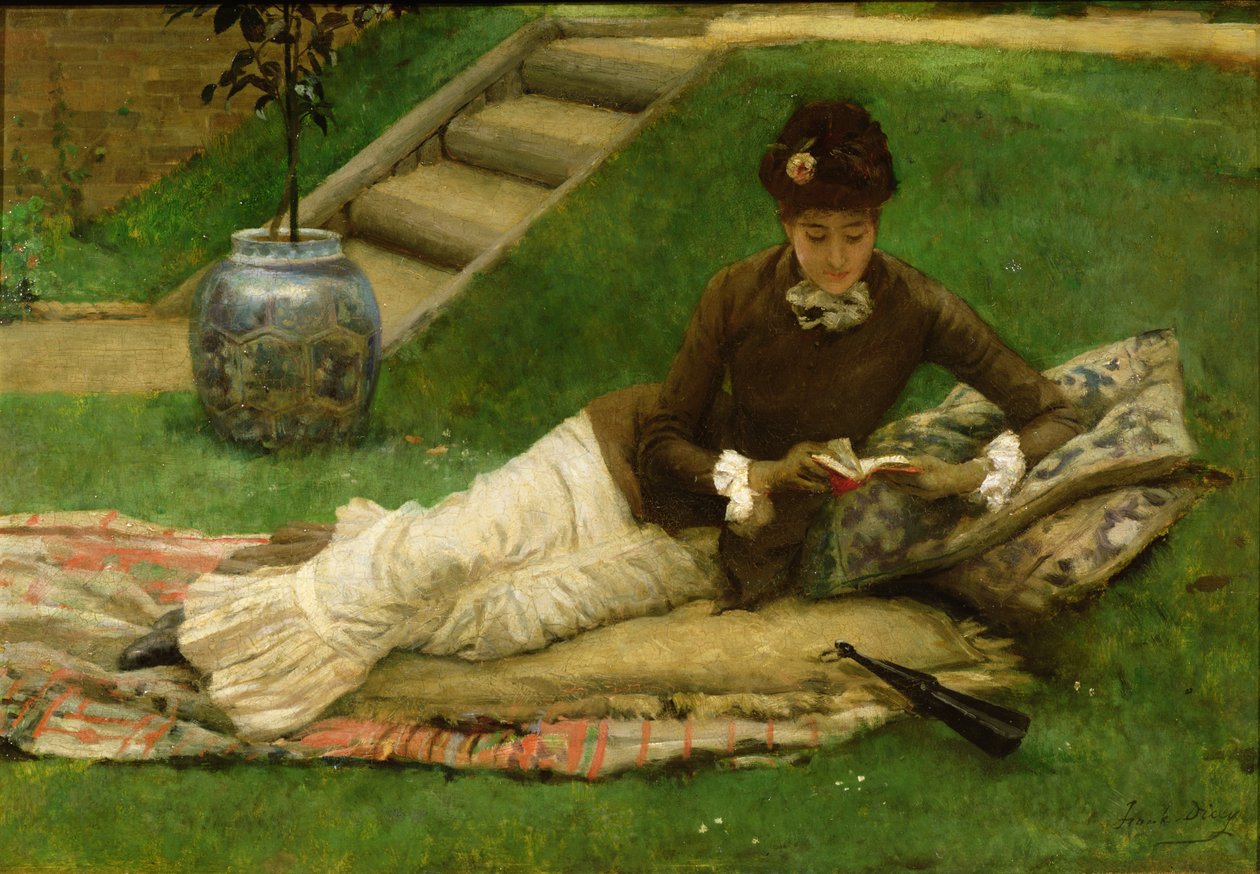 Romanen, En dame i en hage som leser en bok av Frank Dicey