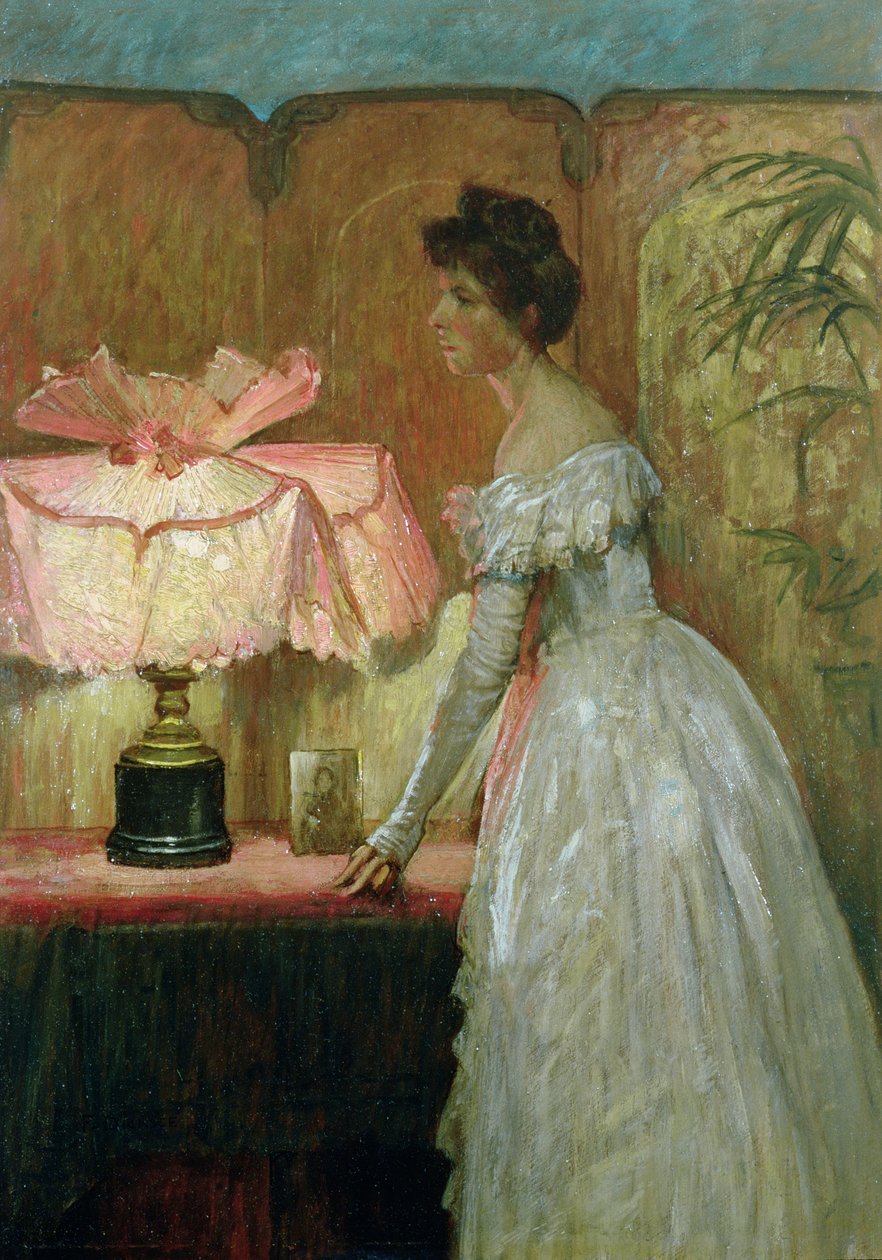 Lamplight Study of Interiør med Lady, 1891 av Frank Dicksee