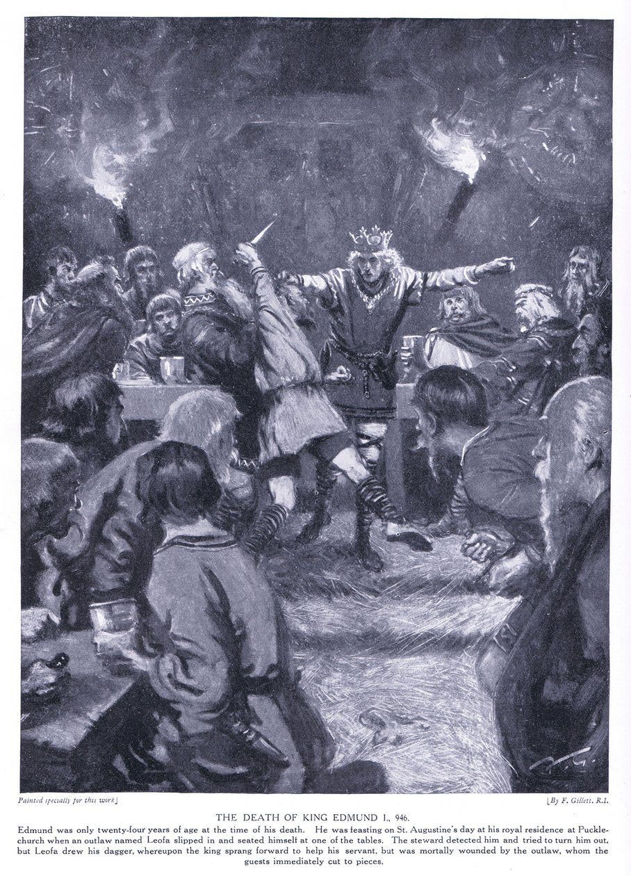Dødsfallet til kong Edmund I AD946, 1920-tallet av Frank Gillett