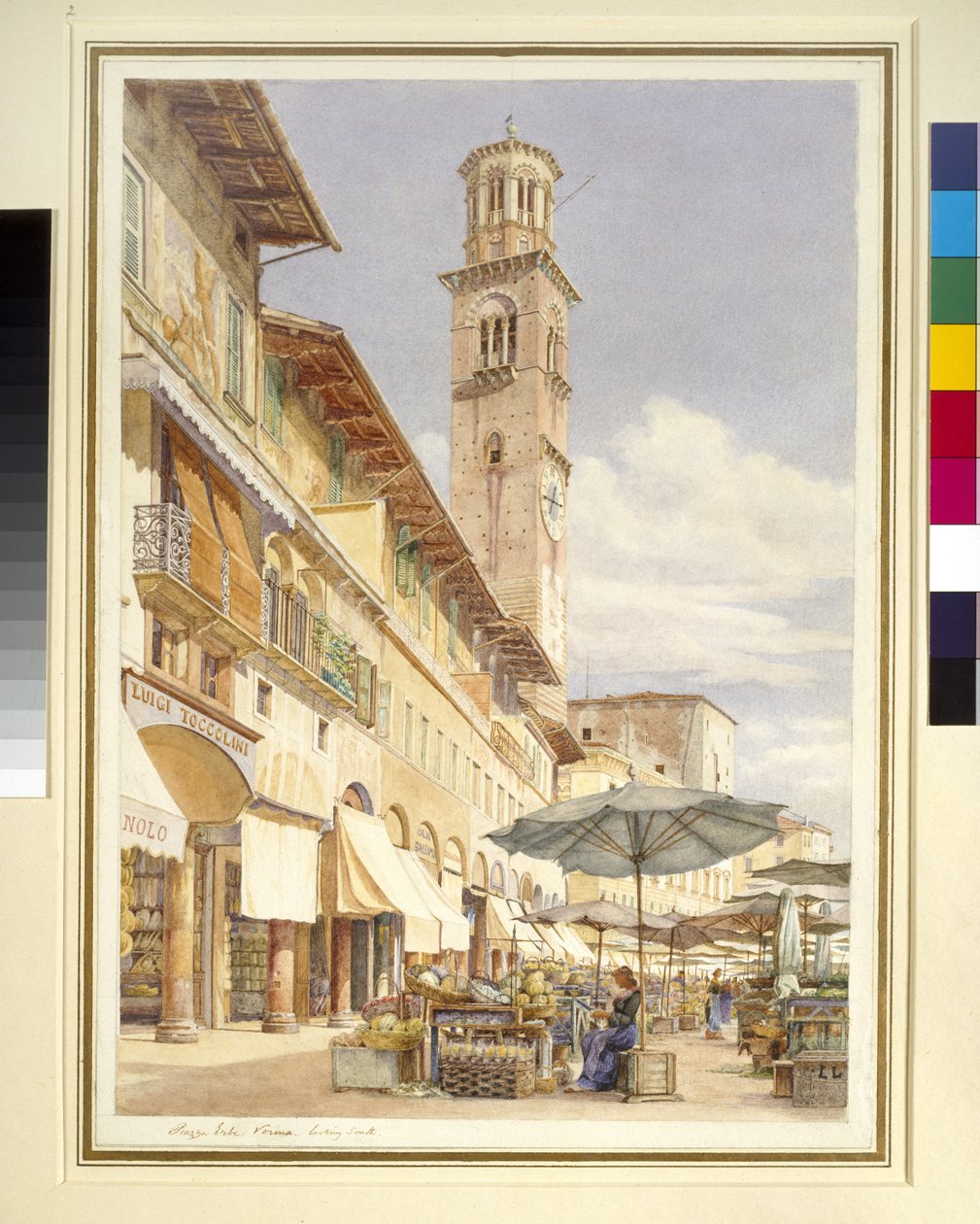 Piazza delle Erbe, Verona, juni - september 1884 (akvarell over grafitt på vevd papir) av Frank Randal