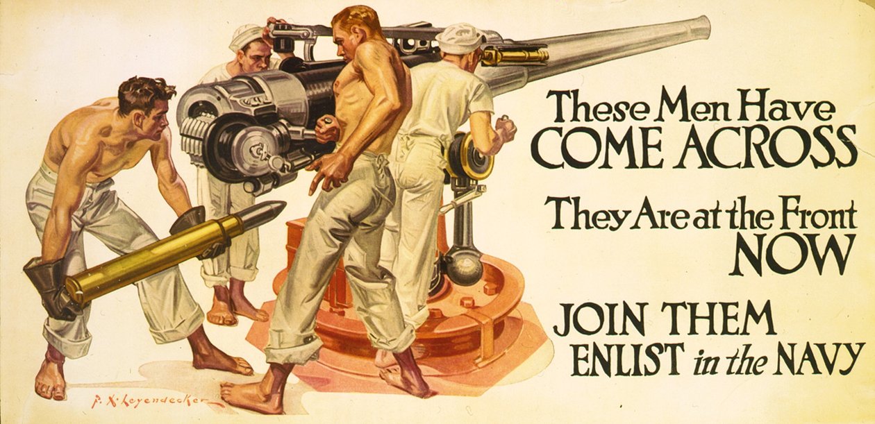 Disse mennene har kommet over, de er i front nå. Bli med dem – verver deg i marinen, ca. 1918 (litografi) av Frank Xavier Leyendecker