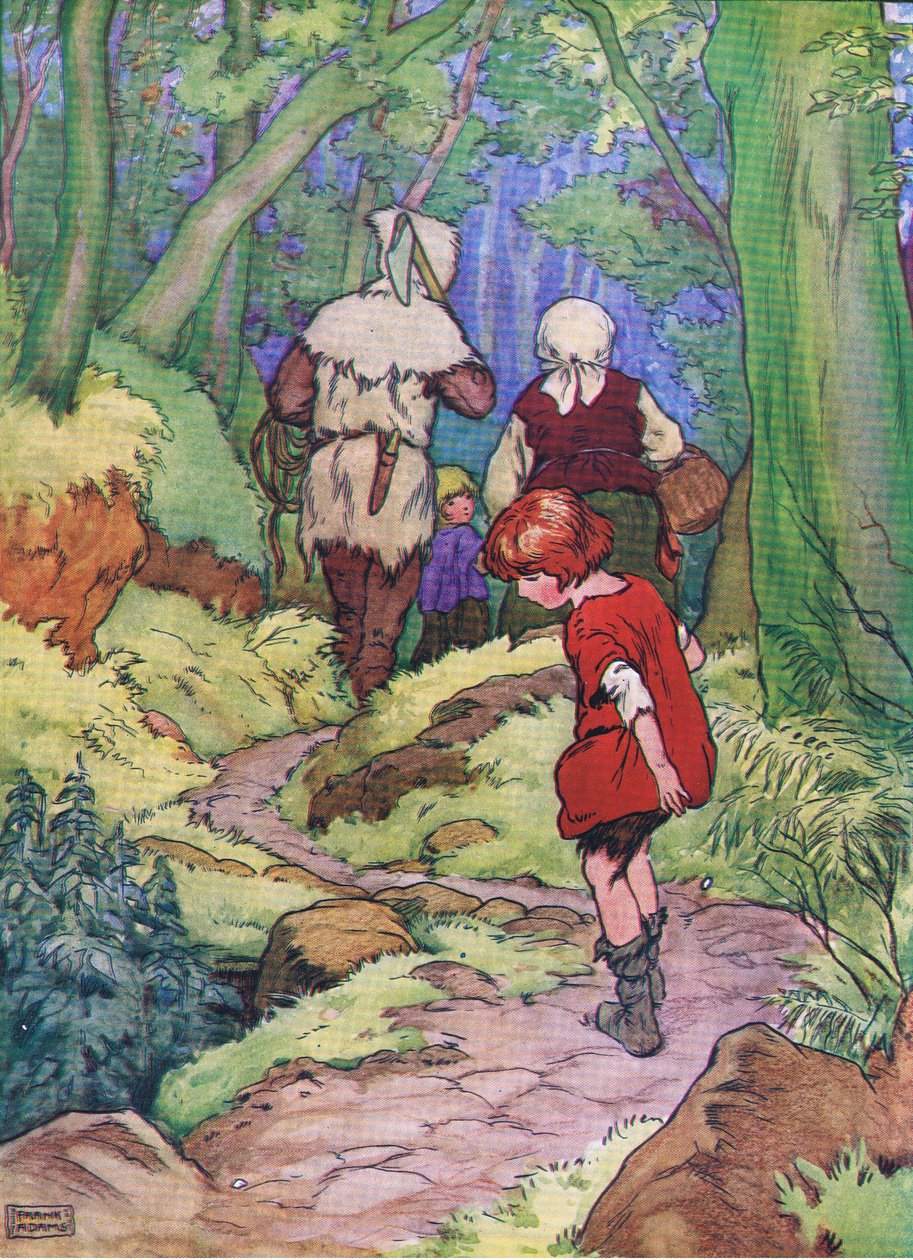 Hansel stoppet og hver gang han mistet en hvit rullestein, fra Hansel and Gretel utgitt av Blackie & Son Limited, ca. 1940 av Frank Adams