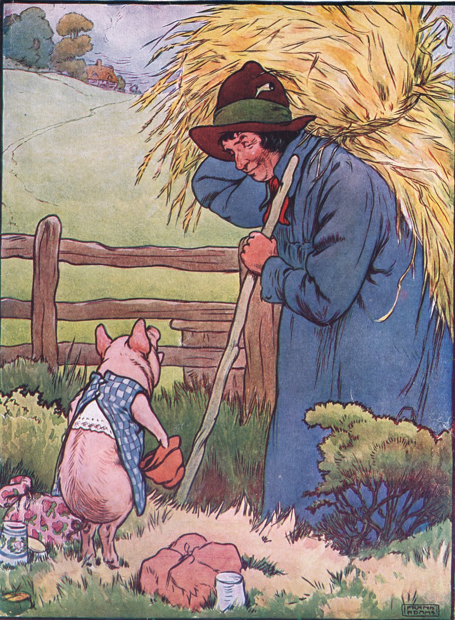 'Hvis du vil, sir', sa han, 'vil du gi meg det sugerøret å bygge et hus med?', illustrasjon fra 'The Three Little Pigs', utgitt på 1930-tallet (farge litho) av Frank Adams