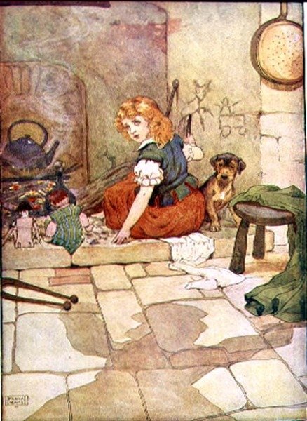 Lille Polly Flinders fra "My Nursery Story Book", pub. av Blackie & Son (bokillustrasjon) av Frank Adams