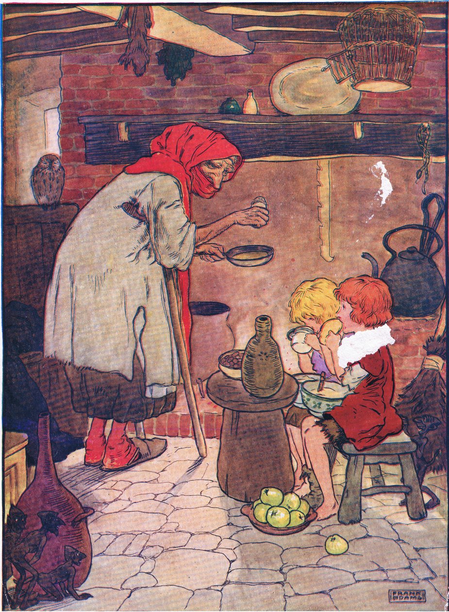 Hun ledet dem inn og ga dem en vakker kveldsmat, fra Hansel and Gretel utgitt av Blackie & Son Limited, ca. 1940 av Frank Adams