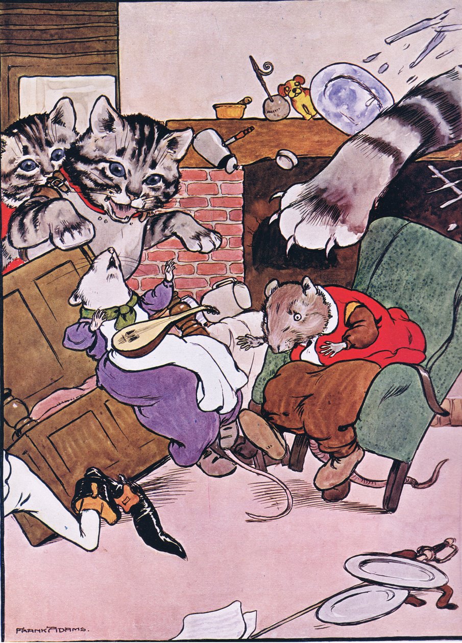 Katten og kattungene hennes kom veltende inn, illustrasjon fra 