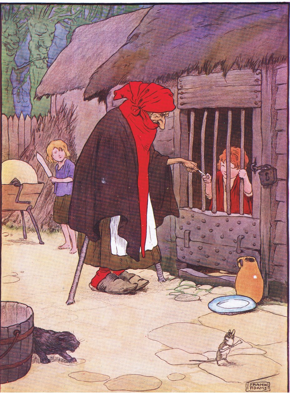Den gamle kvinnen stengte Hansel i en stall, fra Hansel and Gretel utgitt av Blackie & Son Limited, ca. 1940 av Frank Adams