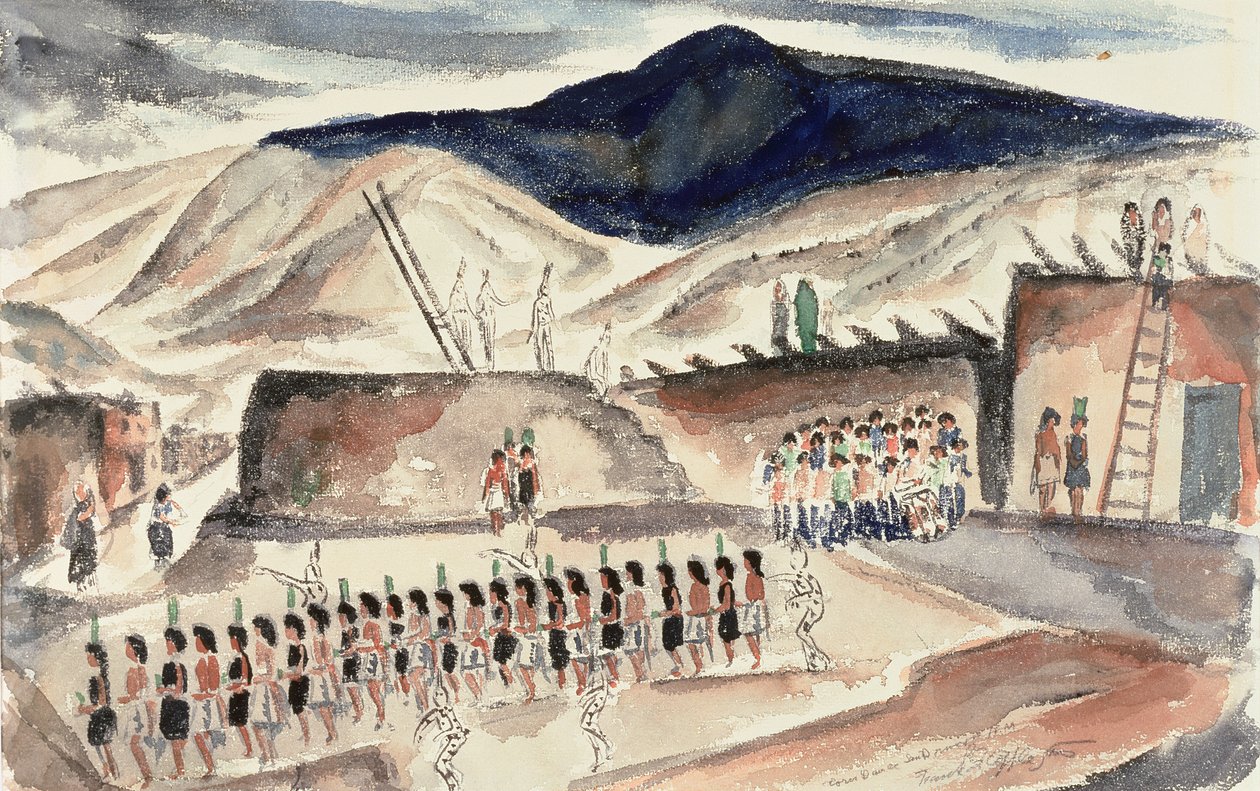 Green Corn Dance, Santa Domingo, N.M., før 1932 (wc på papir) av Frank Applegate
