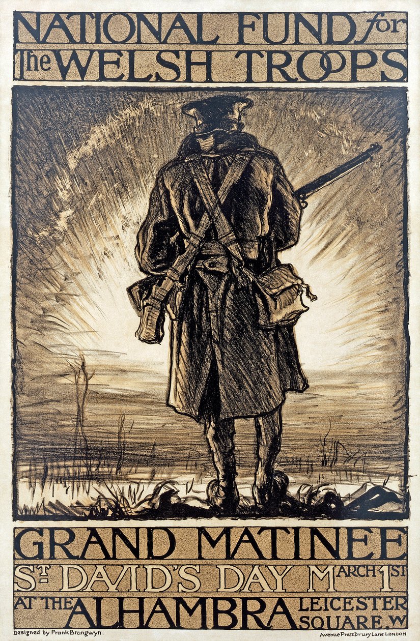 Plakat som annonserer en innsamlingsaksjon for National Fund for the Welsh Troops, 1. mars 1915, av Frank Brangwyn