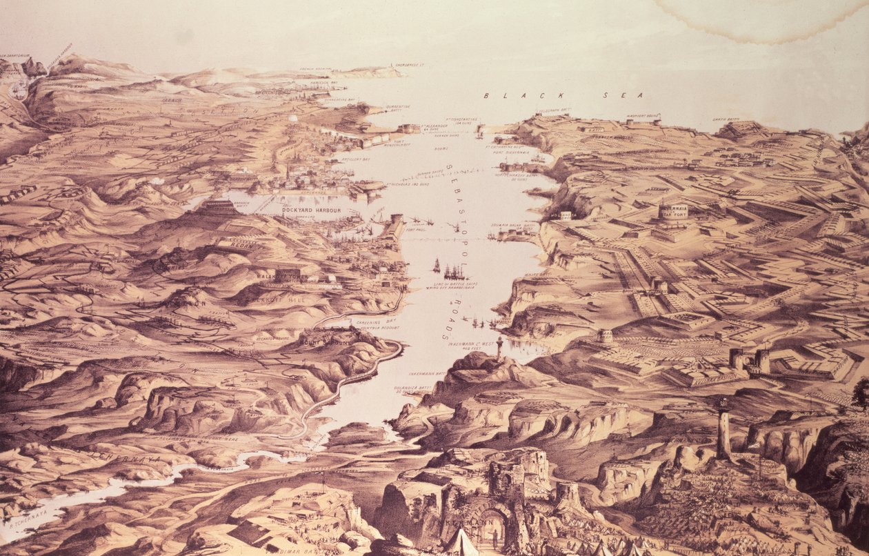 Panoramautsikt over nord- og sørsiden av havnen og havnen i Sebastopol, designet og litografert av Thomas Packer, pub. av Stannard og Dixon, 1855 av Frank C. Hughes