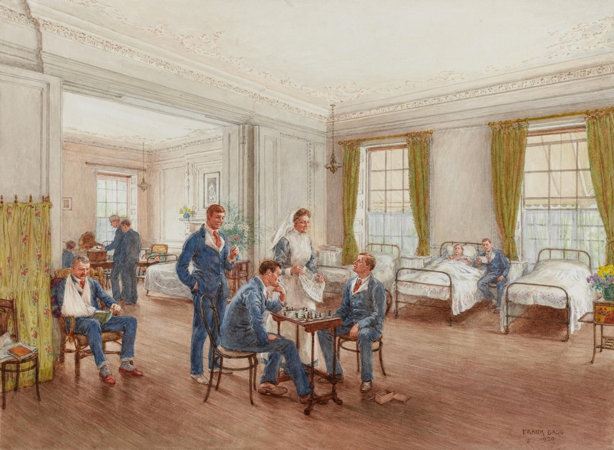 Rekonvalescerende soldater som spiller sjakk i en avdeling ved Sulhampstead House Hospital, Berkshire, ca. 1918 (wc på papir) av Frank Dadd