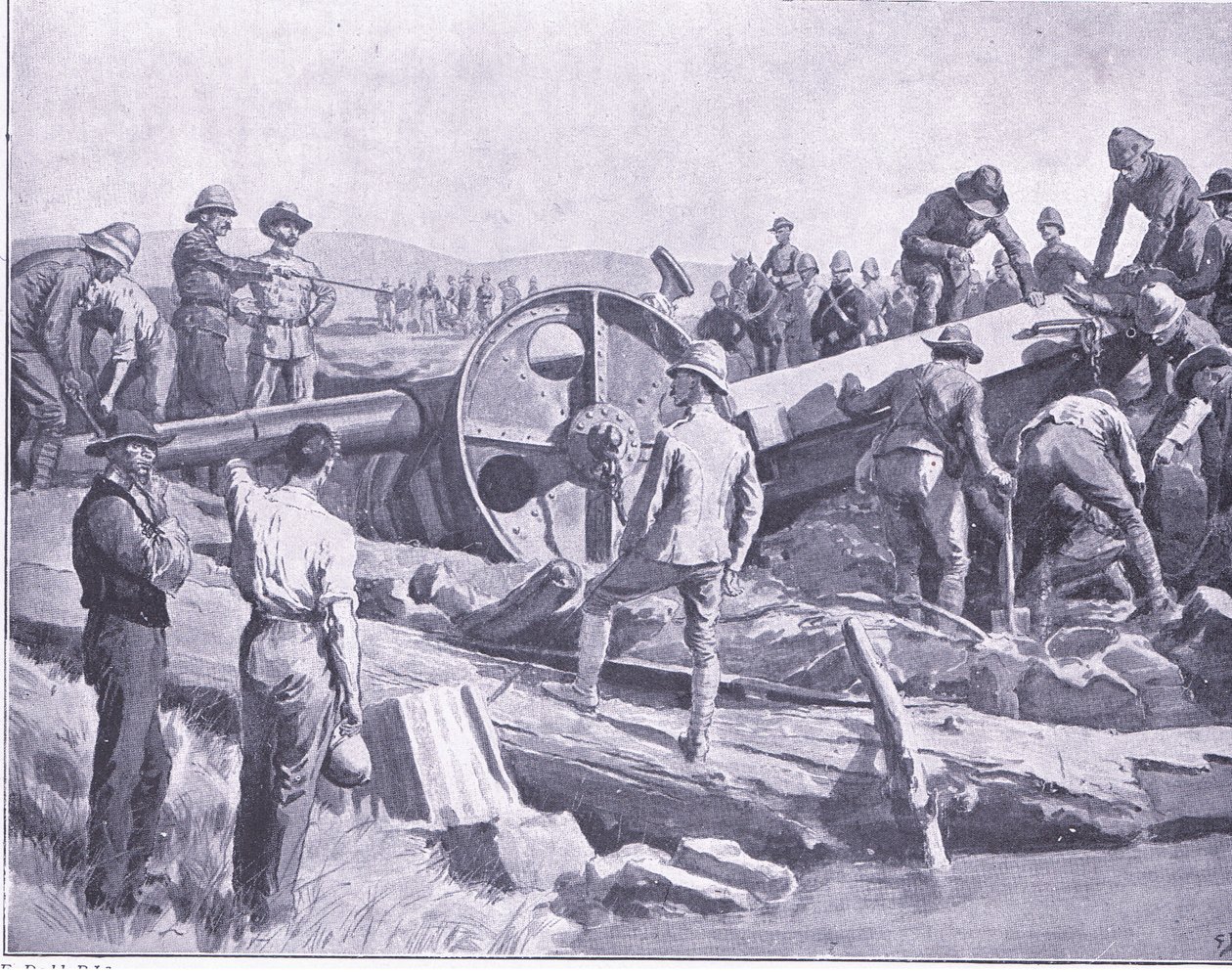 Å få en pistol over et ekkelt sted, illustrasjon fra After Pretoria: The Guerilla War, 1902 av Frank Dadd