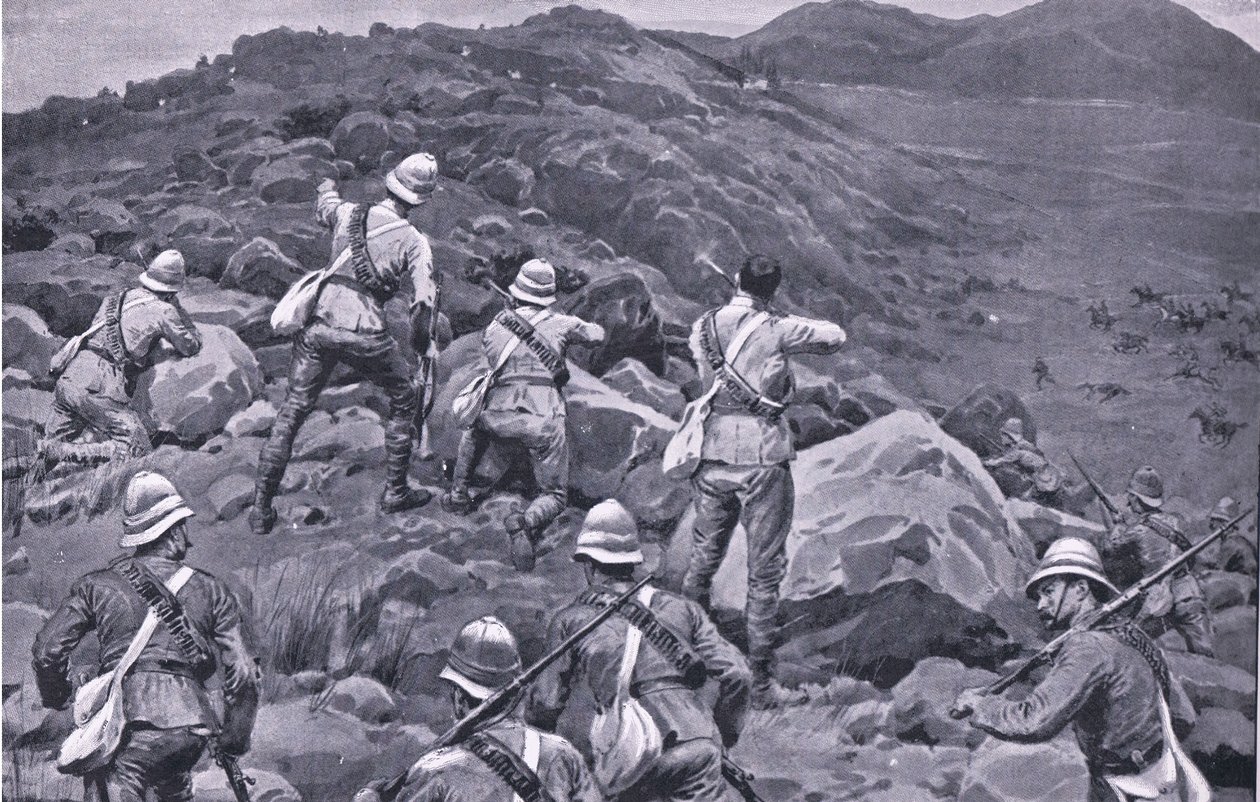 Forfølgelse av De Wets bakvakt i Takesberg, fra After Pretoria: The Guerilla War utgitt av Harmsworth Bros Limited av Frank Dadd