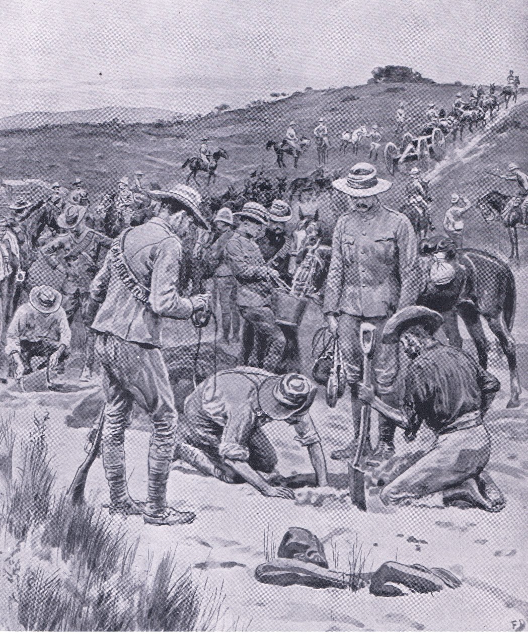 Søker etter vann, fra After Pretoria: The Guerilla War utgitt av Harmsworth Bros Limited, 1901 av Frank Dadd