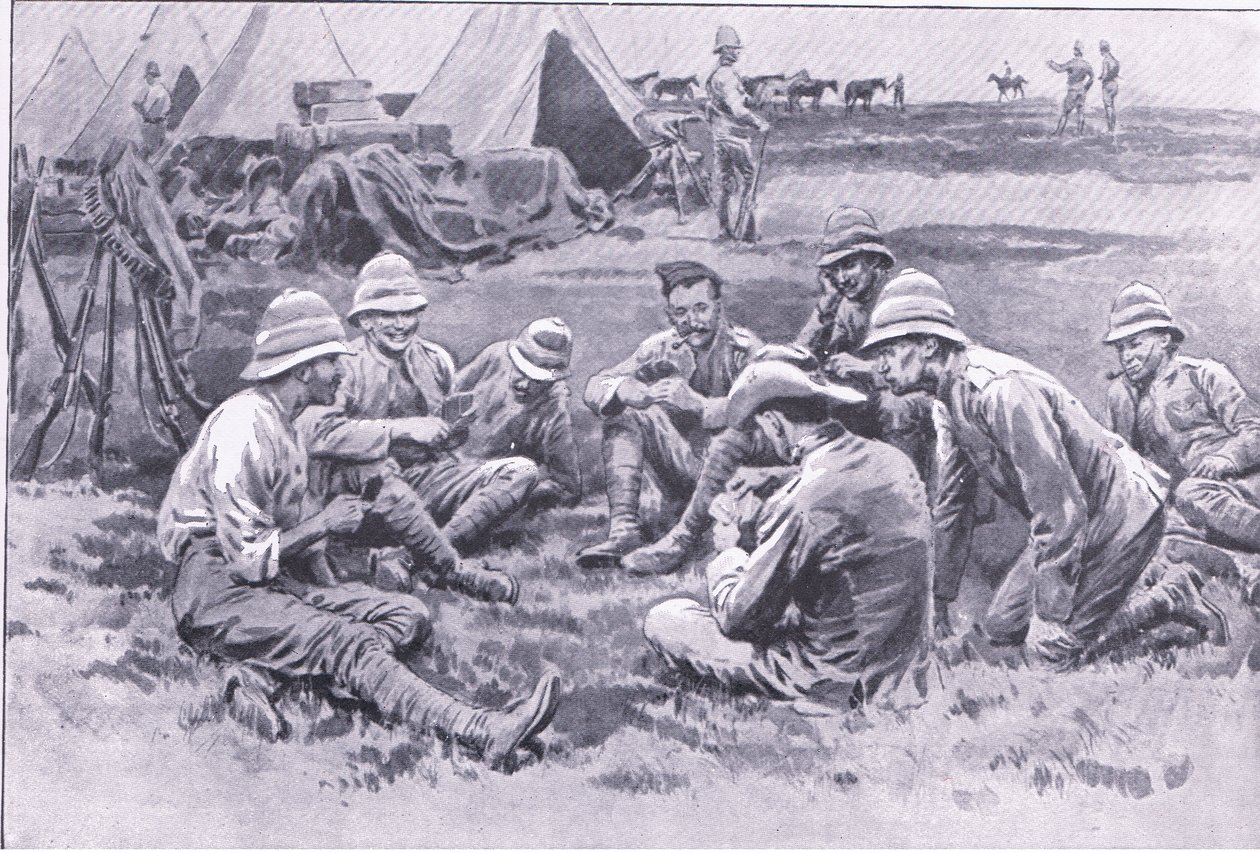 Trøtte soldater nyter hvile, fra After Pretoria: The Guerilla War utgitt av Harmsworth Bros Limited, 1901 av Frank Dadd