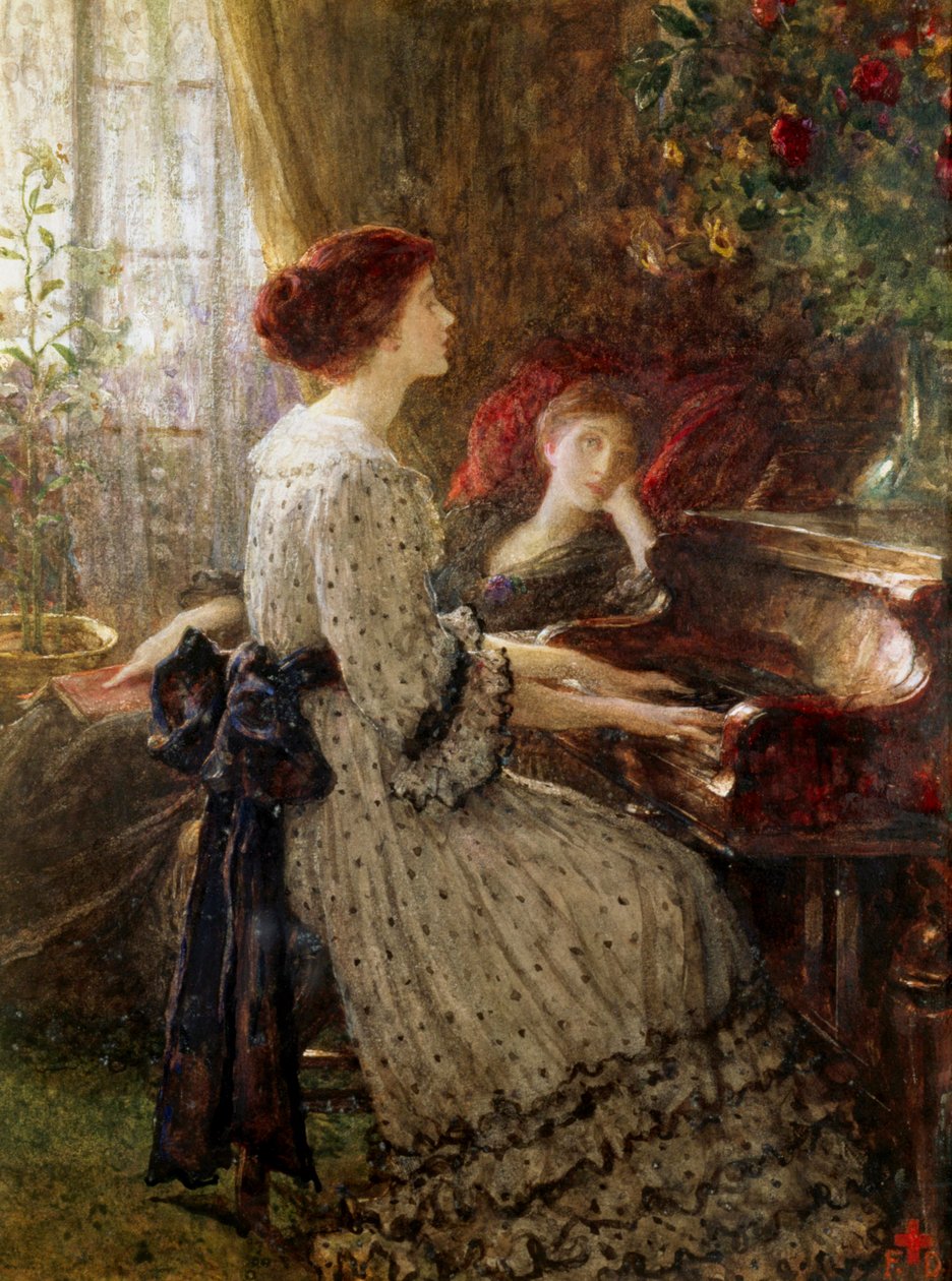 «Gamle sanger» To kvinner i et borgerlig interiør i det viktorianske England, den ene spiller piano, mens den andre lytter nostalgisk sittende i en lenestol. Maleri av Frank Dicksee (1853–1928) Privat samling av Frank Dicksee