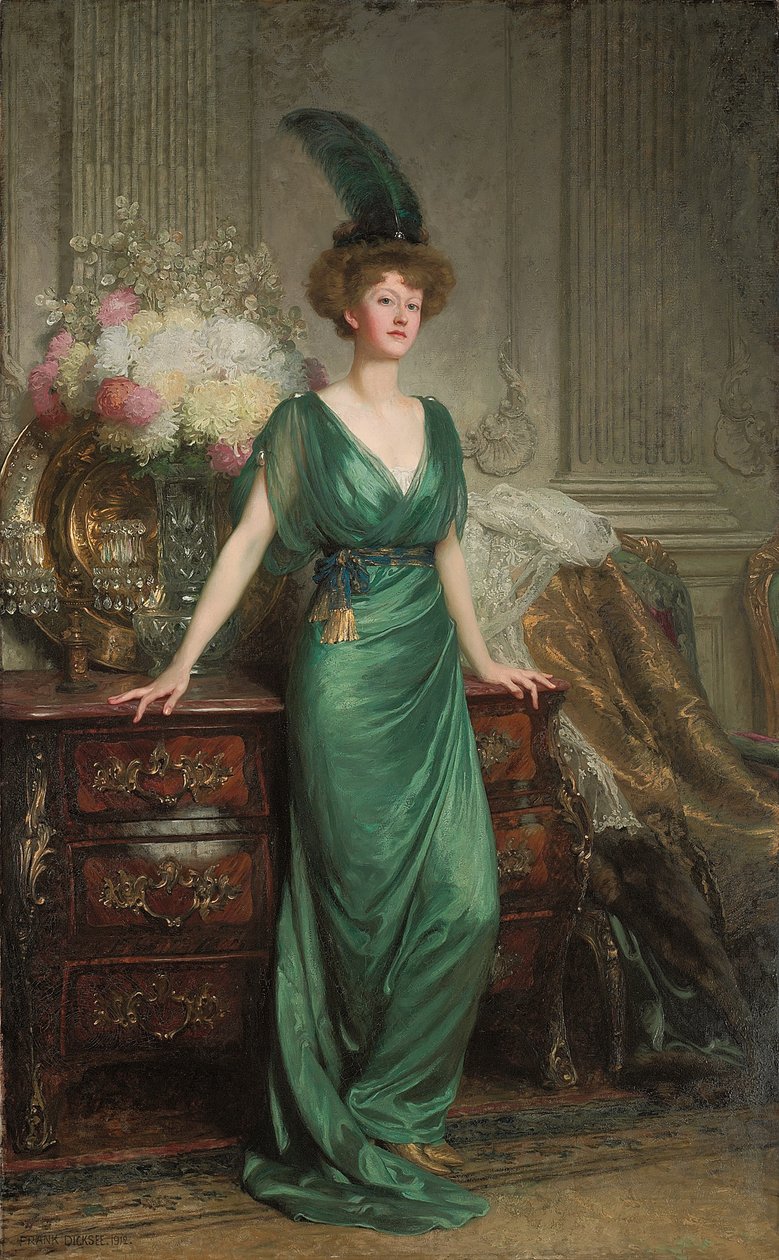 Portrett av Hon. Mrs. Ernest Guinness, stående, iført en smaragdskjole og fjær, 1912 av Frank Dicksee
