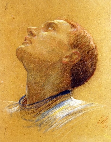 Studie av et oppovervendt hode (farget kritt på papir) av Frank Dicksee