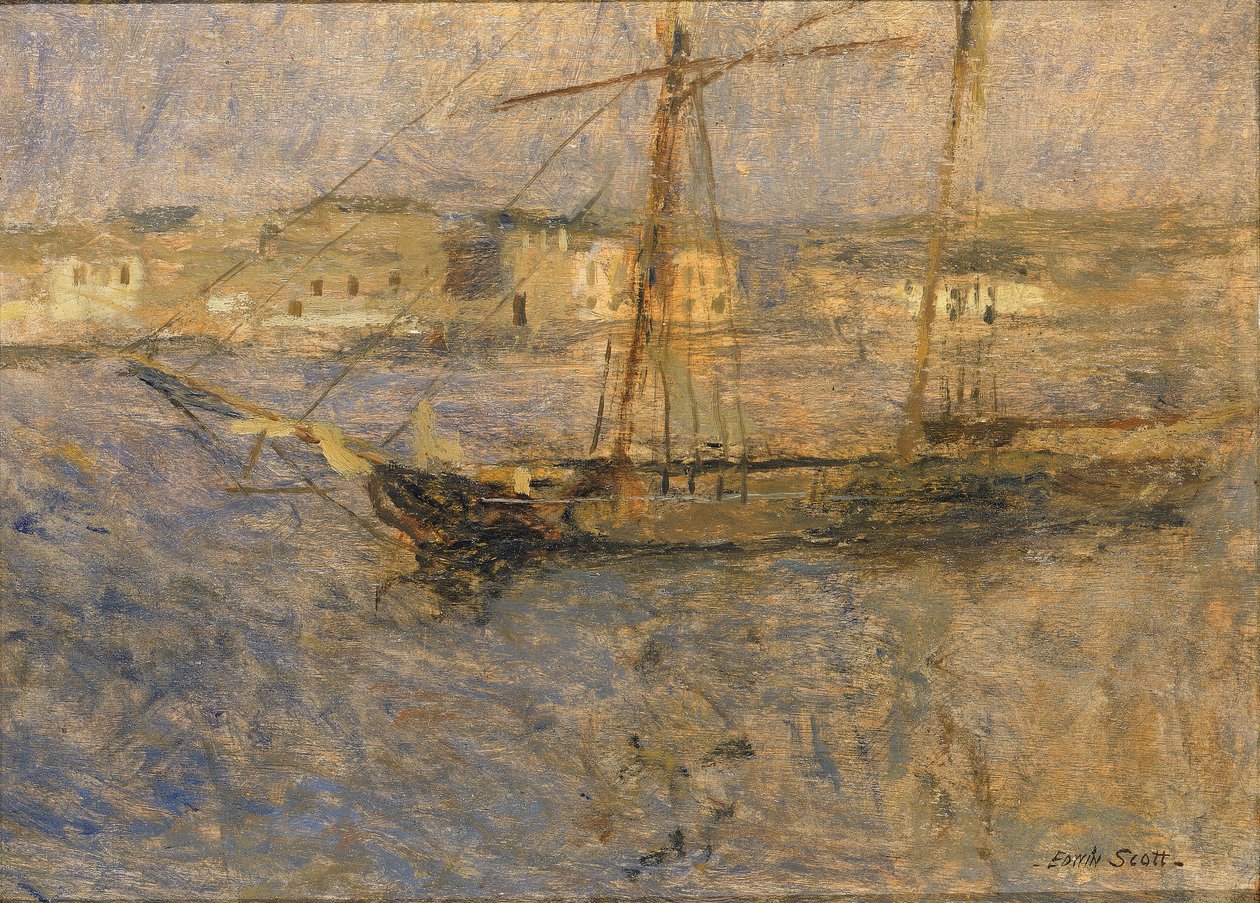 Skip ved anker, Cherbourg nr. I, n.d. av Frank Edwin Scott