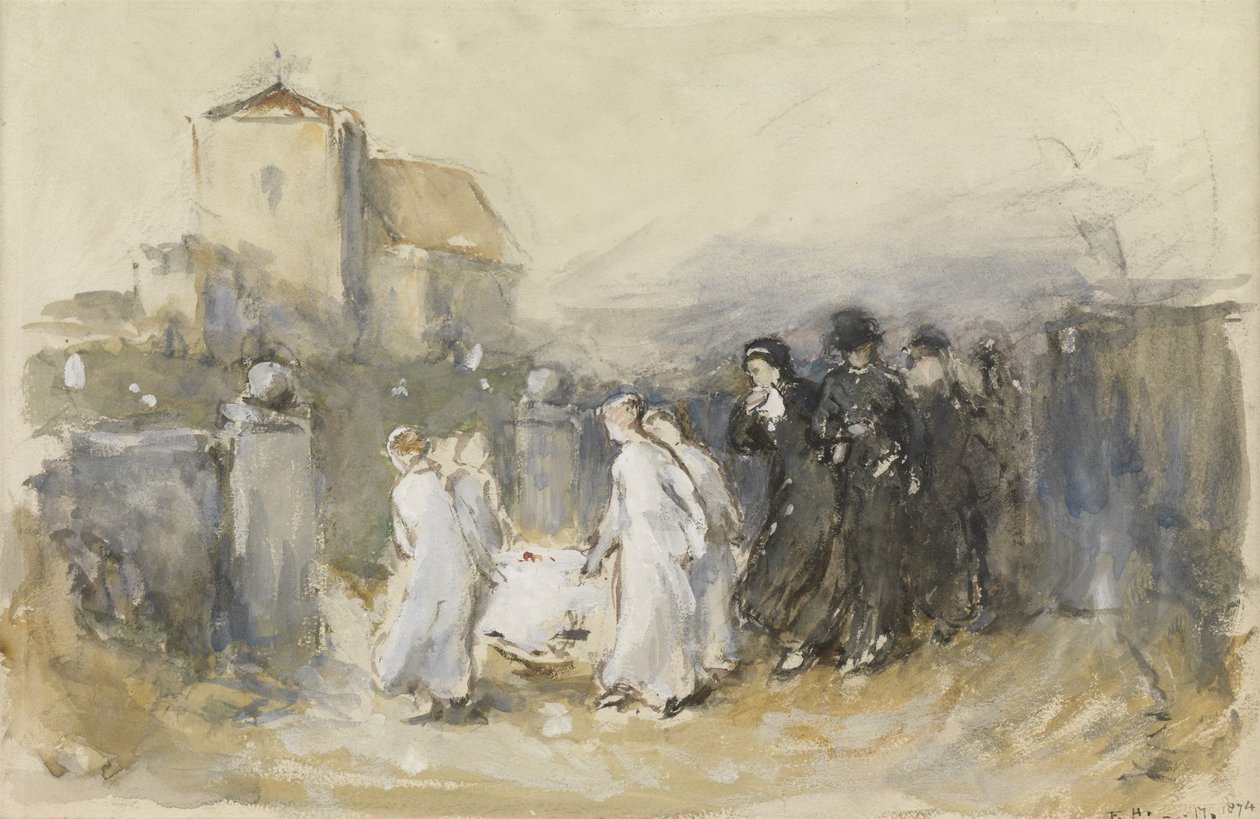 Studie for hennes førstefødte, Horsham Churchyard (begravelse til den førstefødte), 1874 (wc på papir) av Frank Holl